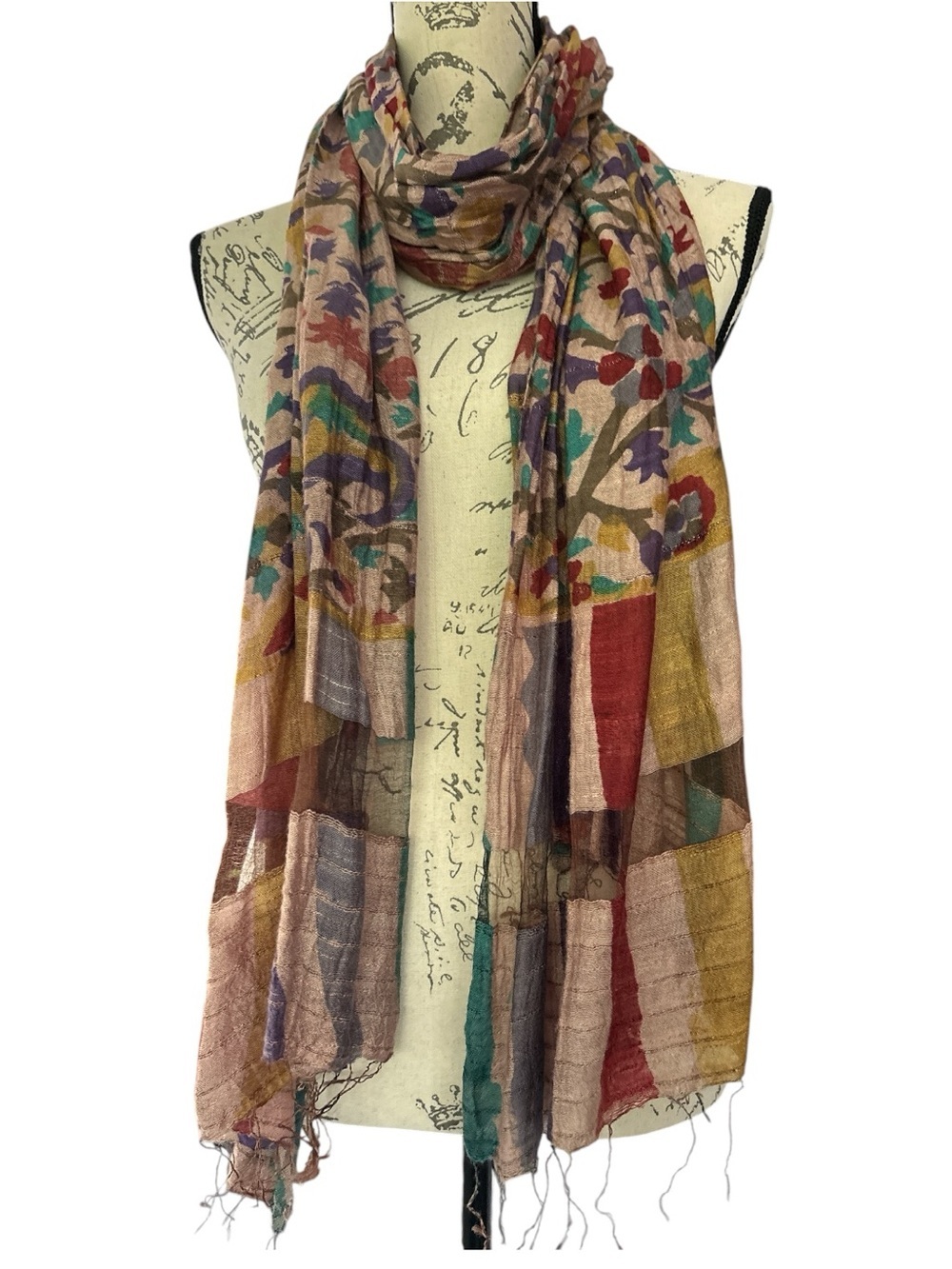 Windhorse 100% silk scarf- vintage. Muted earth-tone colors, crinkle fabric